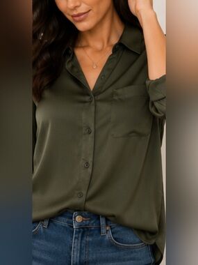 Pleione Olive Green Satin Blouse Women Medium Roll Tab Sleeve Utility Shirt